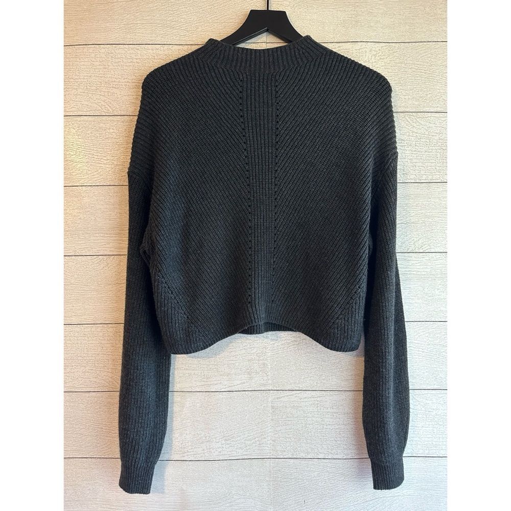 Le Ore Lodi Pointelle Knit Pullover Mock Neck Wool Blend Sweater Dark Shadow XS